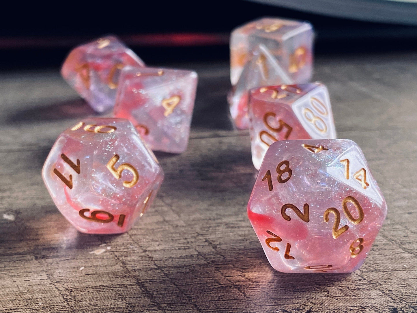 The Crooked Tavern Dice Sets Peach Dreams RPG Dice Set | Sparkle Resin with Pink and Purple Swirls