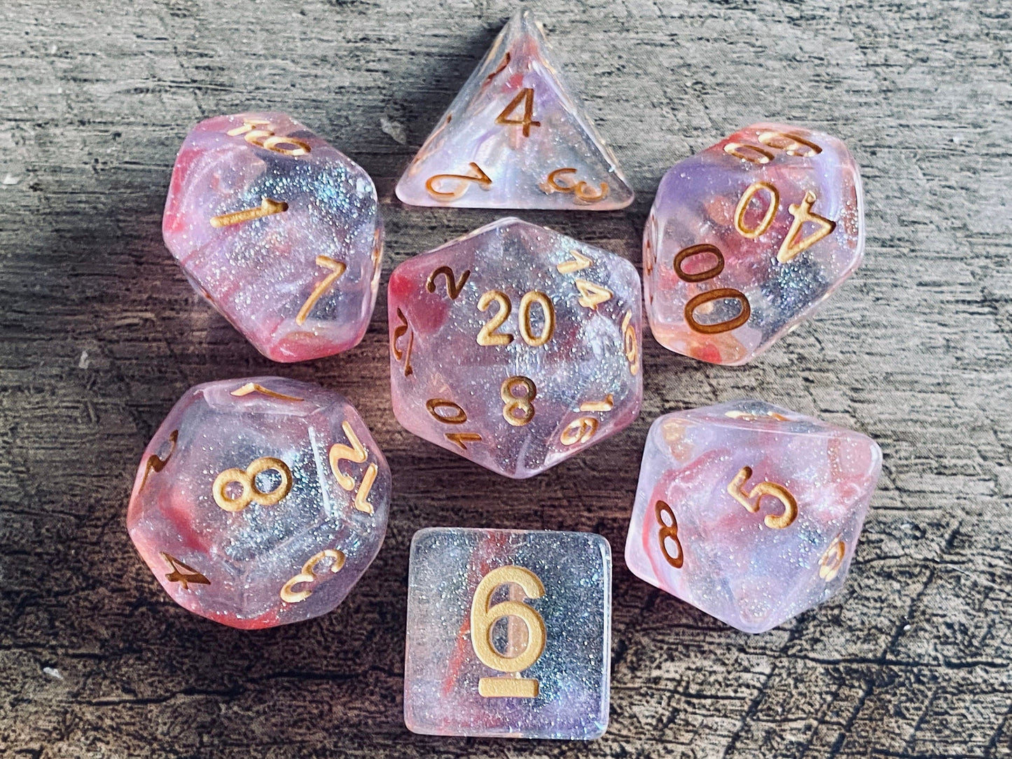 The Crooked Tavern Dice Sets Peach Dreams RPG Dice Set | Sparkle Resin with Pink and Purple Swirls