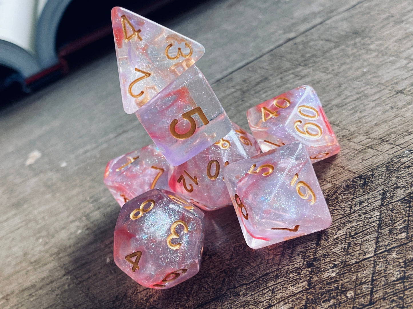 The Crooked Tavern Dice Sets Peach Dreams RPG Dice Set | Sparkle Resin with Pink and Purple Swirls