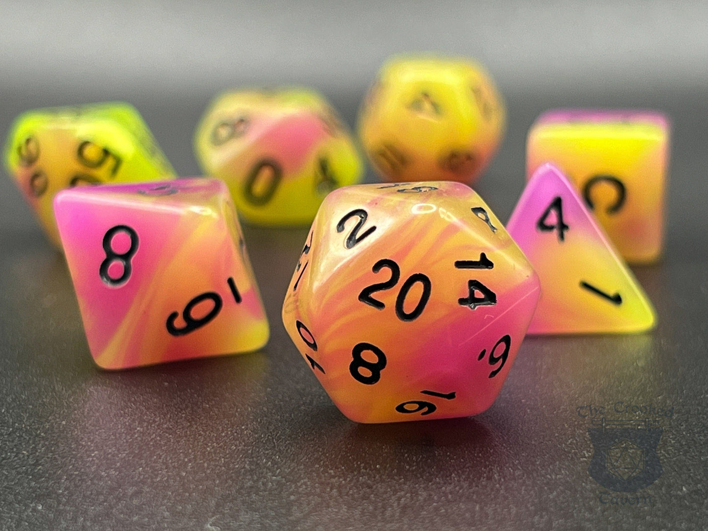 The Crooked Tavern Glow in the Dark RPG Dice Set | Pink/Yellow Polyhedral RPG Dice