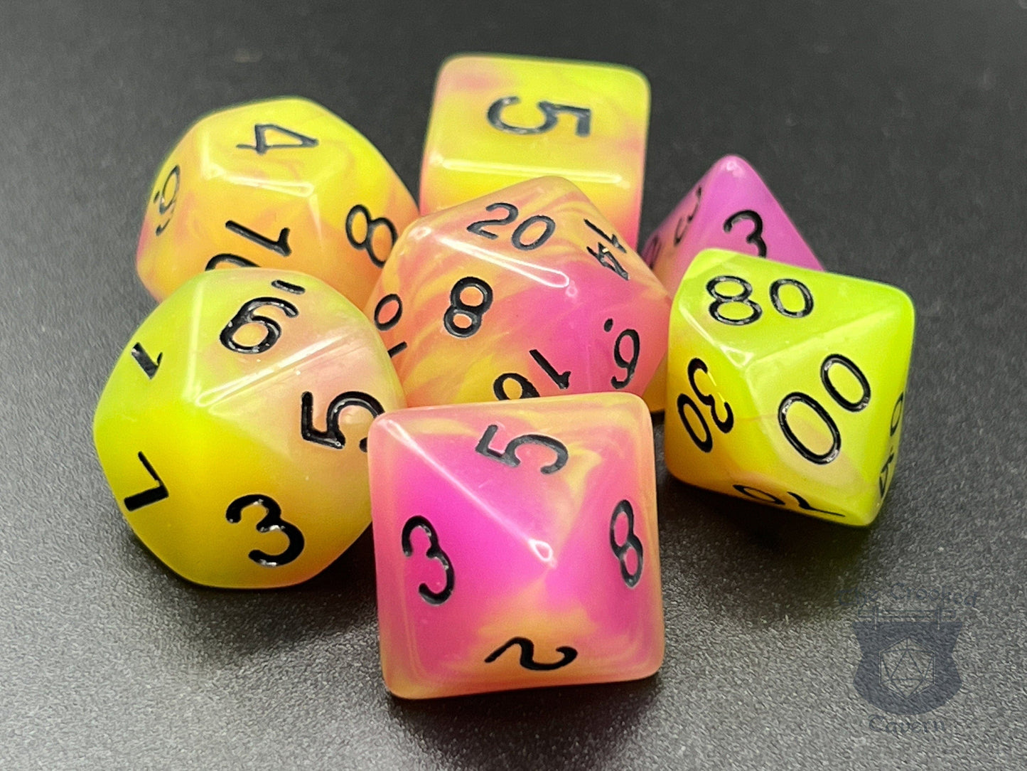 The Crooked Tavern Glow in the Dark RPG Dice Set | Pink/Yellow Polyhedral RPG Dice