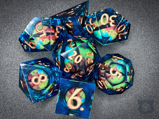 The Crooked Tavern Handmade Dice Sets Floating Eye Liquid Core Dnd Dice Set | Blue/Copper