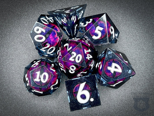 The Crooked Tavern Handmade Dice Sets Floating Eye Liquid Core Dnd Dice Set | Dungeons and Dragons | Dark/Purple/Pink