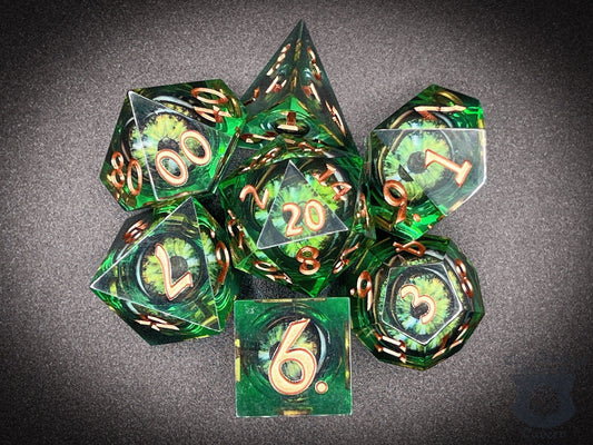 The Crooked Tavern Handmade Dice Sets Floating Eye Liquid Core Dnd Dice Set | Dungeons and Dragons | Green/Copper