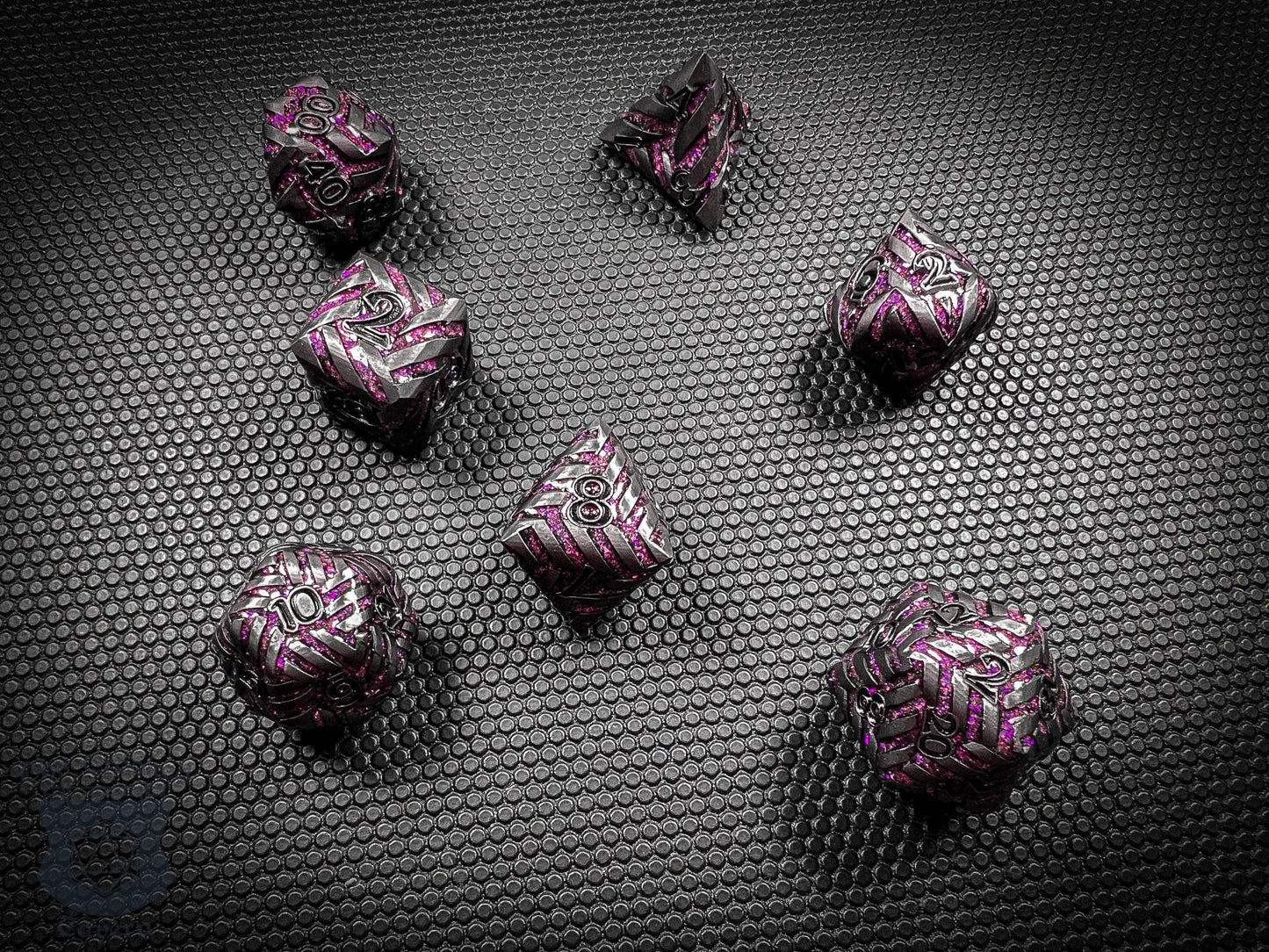 The Crooked Tavern Metal Dice Sets Arcane Knot Metal DnD Dice Set | Crackling Purple