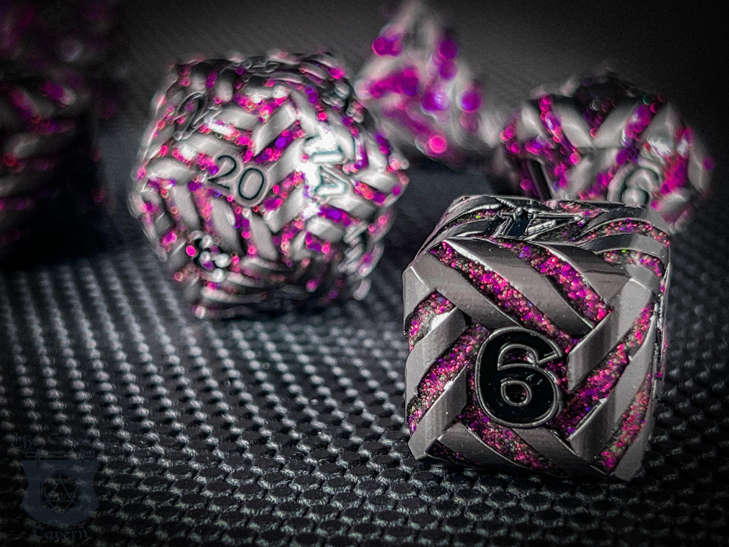 The Crooked Tavern Metal Dice Sets Arcane Knot Metal DnD Dice Set | Crackling Purple