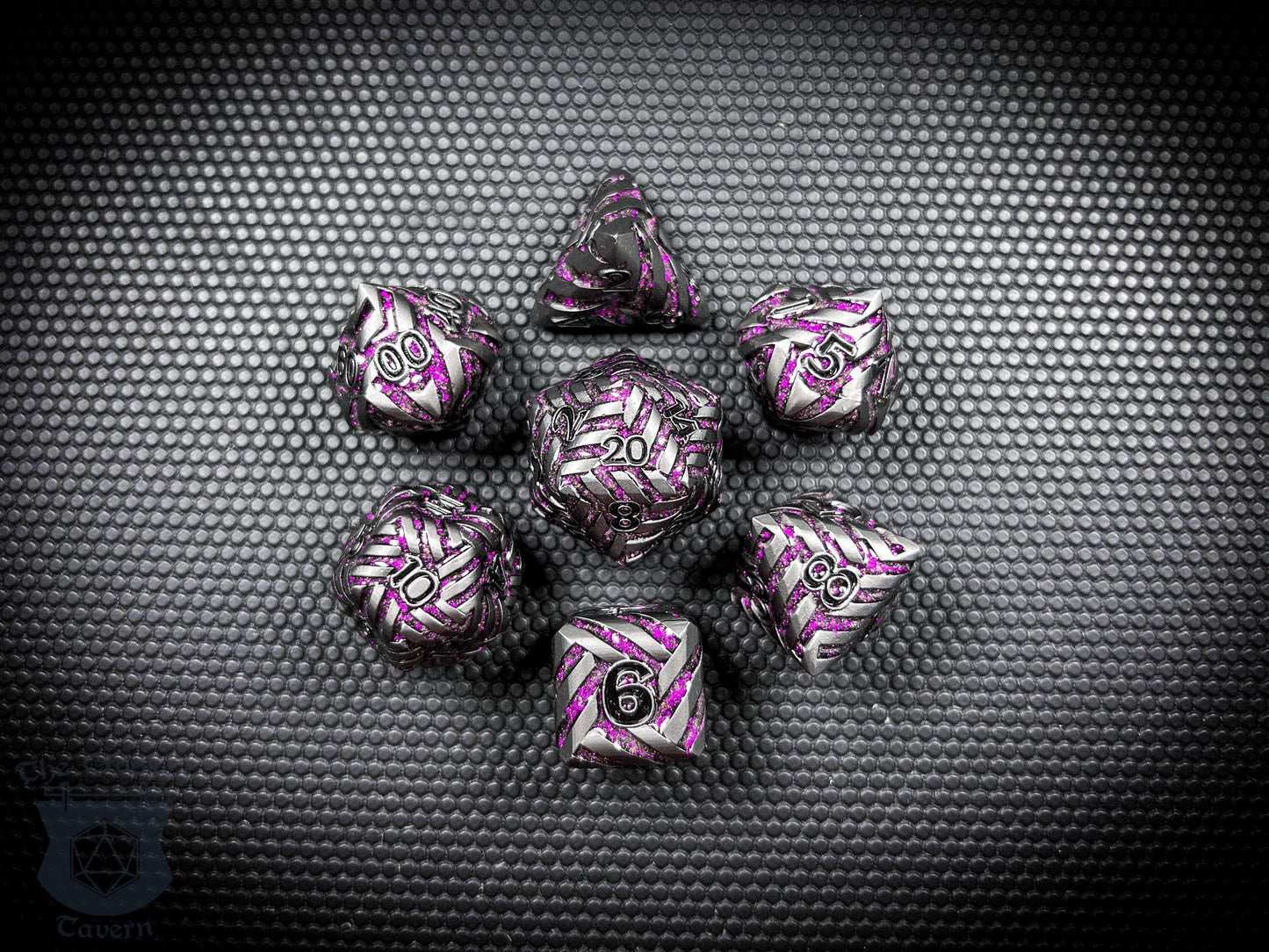 The Crooked Tavern Metal Dice Sets Arcane Knot Metal DnD Dice Set | Crackling Purple