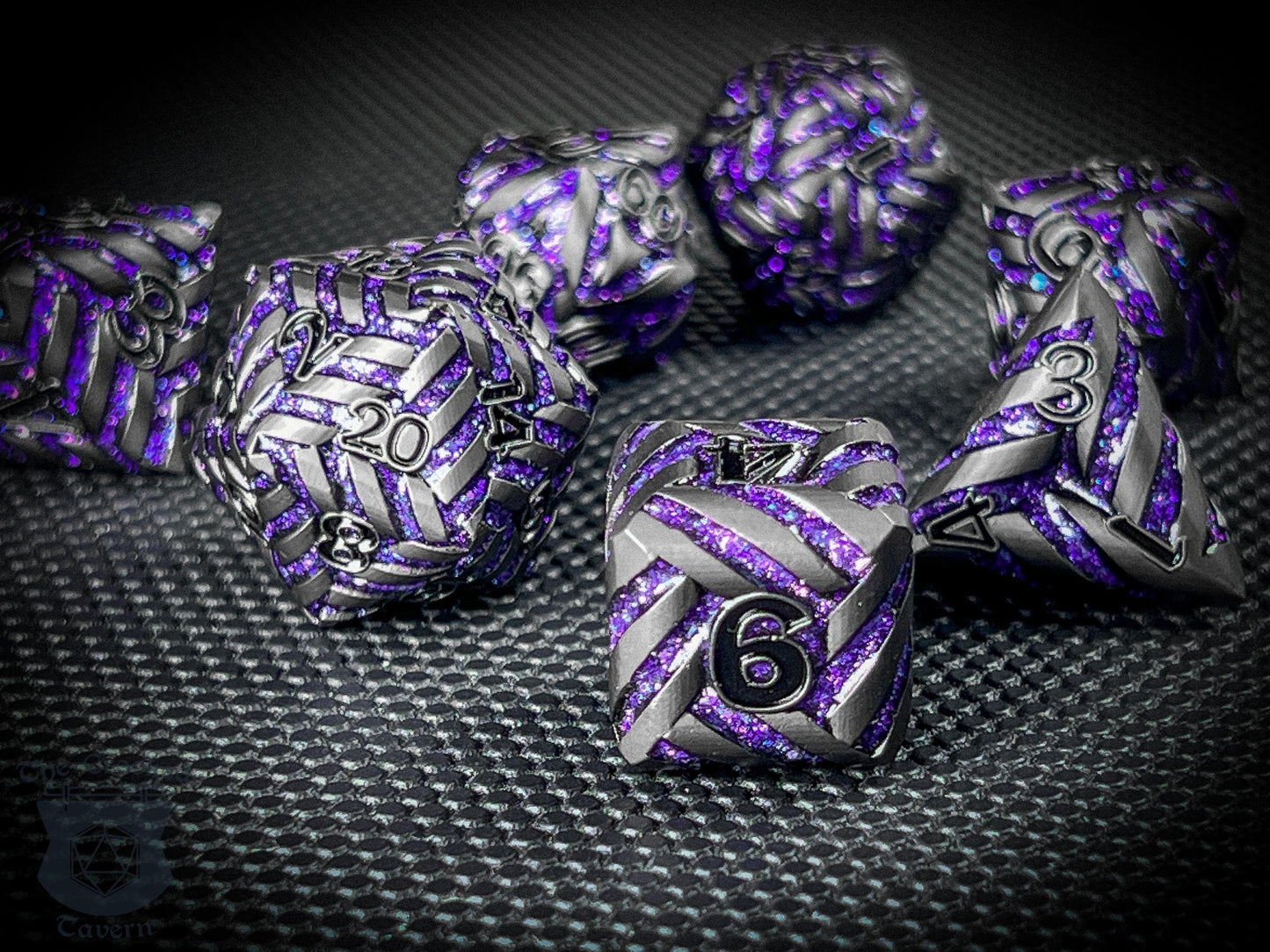 The Crooked Tavern Metal Dice Sets Arcane Knot Metal DnD Dice Set | Deep Purple