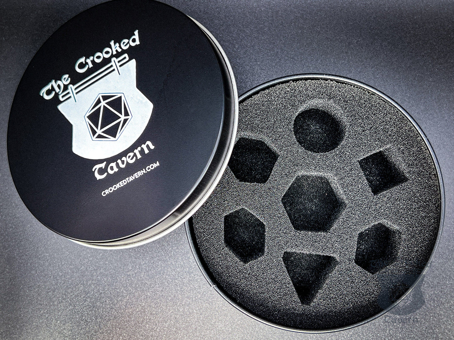 The Crooked Tavern Metal Dice Tin | Protective Dnd Dice Set Storage | Fits Resin, Acrylic, Handmade, and Metal Sets | For 7-Piece Sets