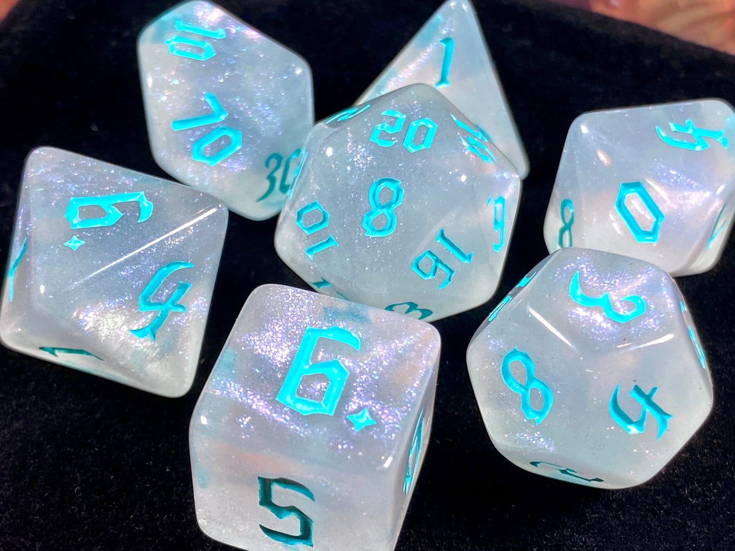 The Crooked Tavern Dice Sets Banshee RPG Dice Set | Blue Clear iridescent sparkle dice!
