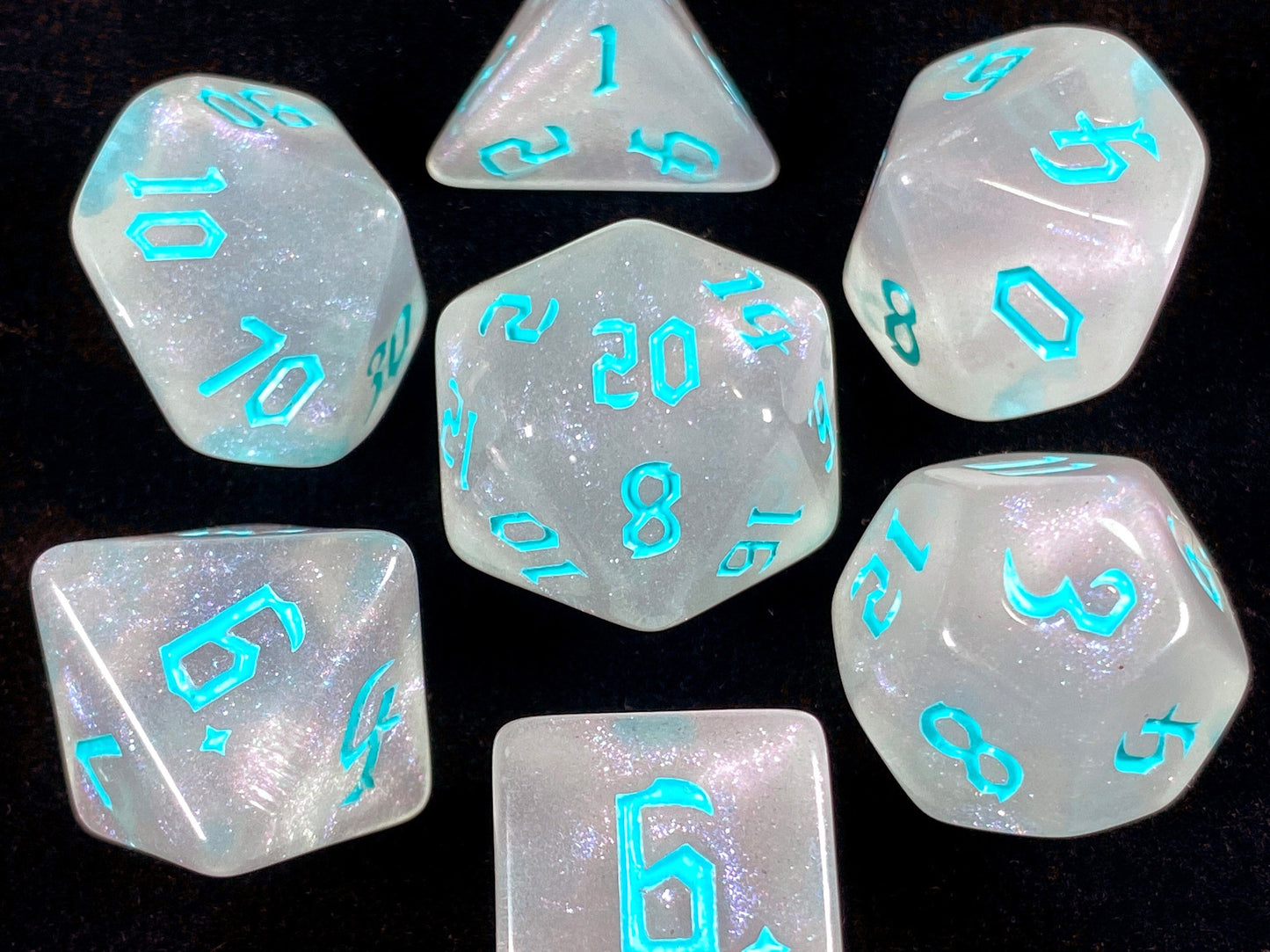 The Crooked Tavern Dice Sets Banshee RPG Dice Set | Blue Clear iridescent sparkle dice!