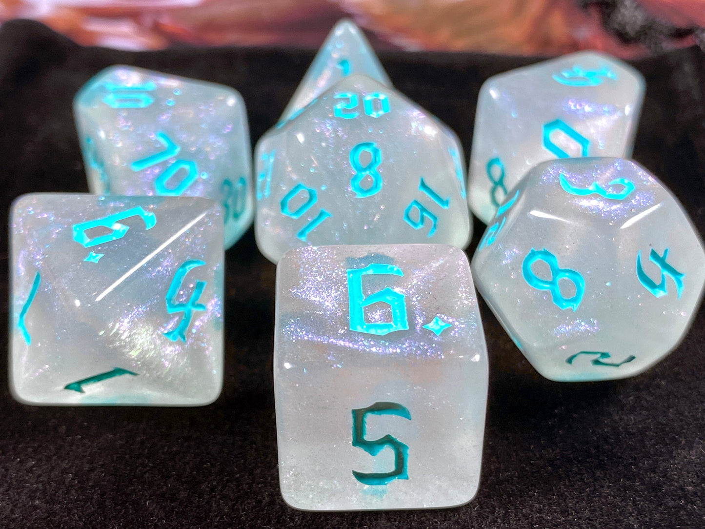 The Crooked Tavern Dice Sets Banshee RPG Dice Set | Blue Clear iridescent sparkle dice!