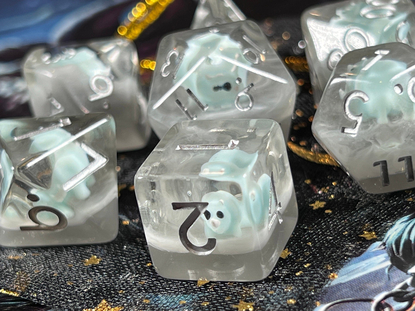 The Crooked Tavern Dice Sets Blue Grey Baby Dino RPG Polyhedral Dice Set | Cute Baby Triceratops inside!