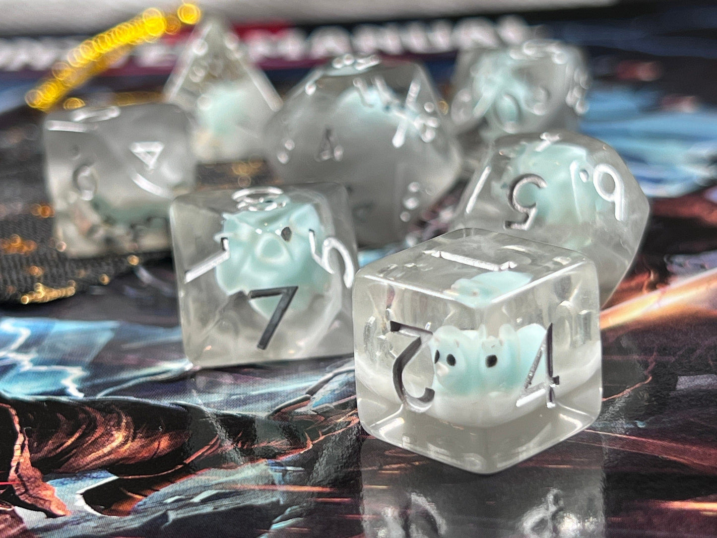 The Crooked Tavern Dice Sets Blue Grey Baby Dino RPG Polyhedral Dice Set | Cute Baby Triceratops inside!