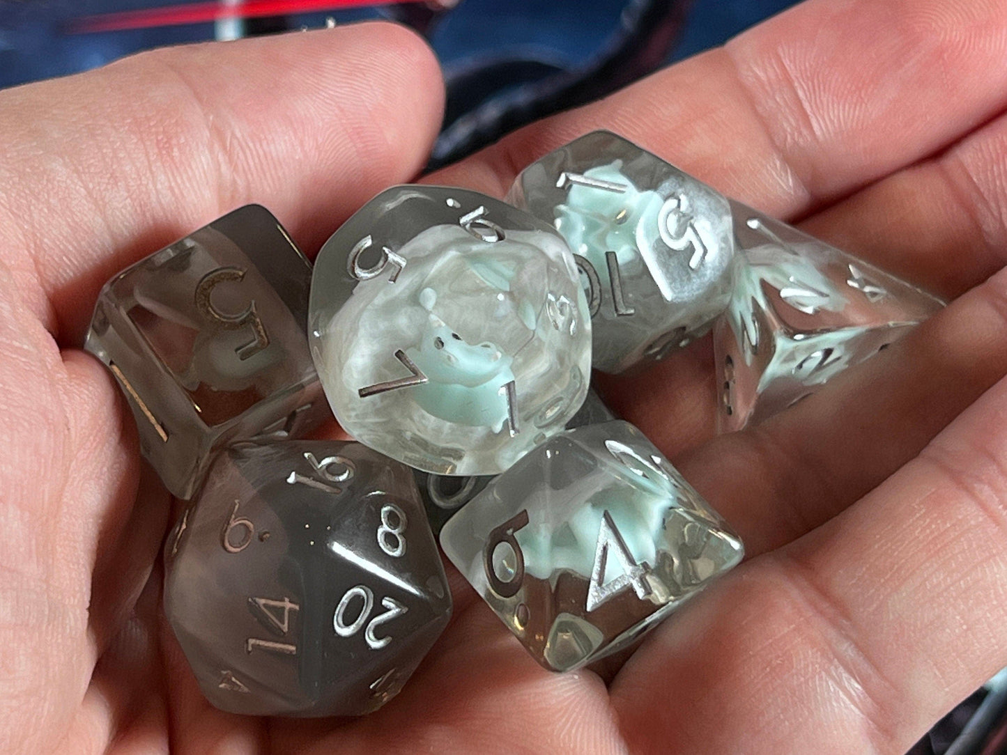 The Crooked Tavern Dice Sets Blue Grey Baby Dino RPG Polyhedral Dice Set | Cute Baby Triceratops inside!