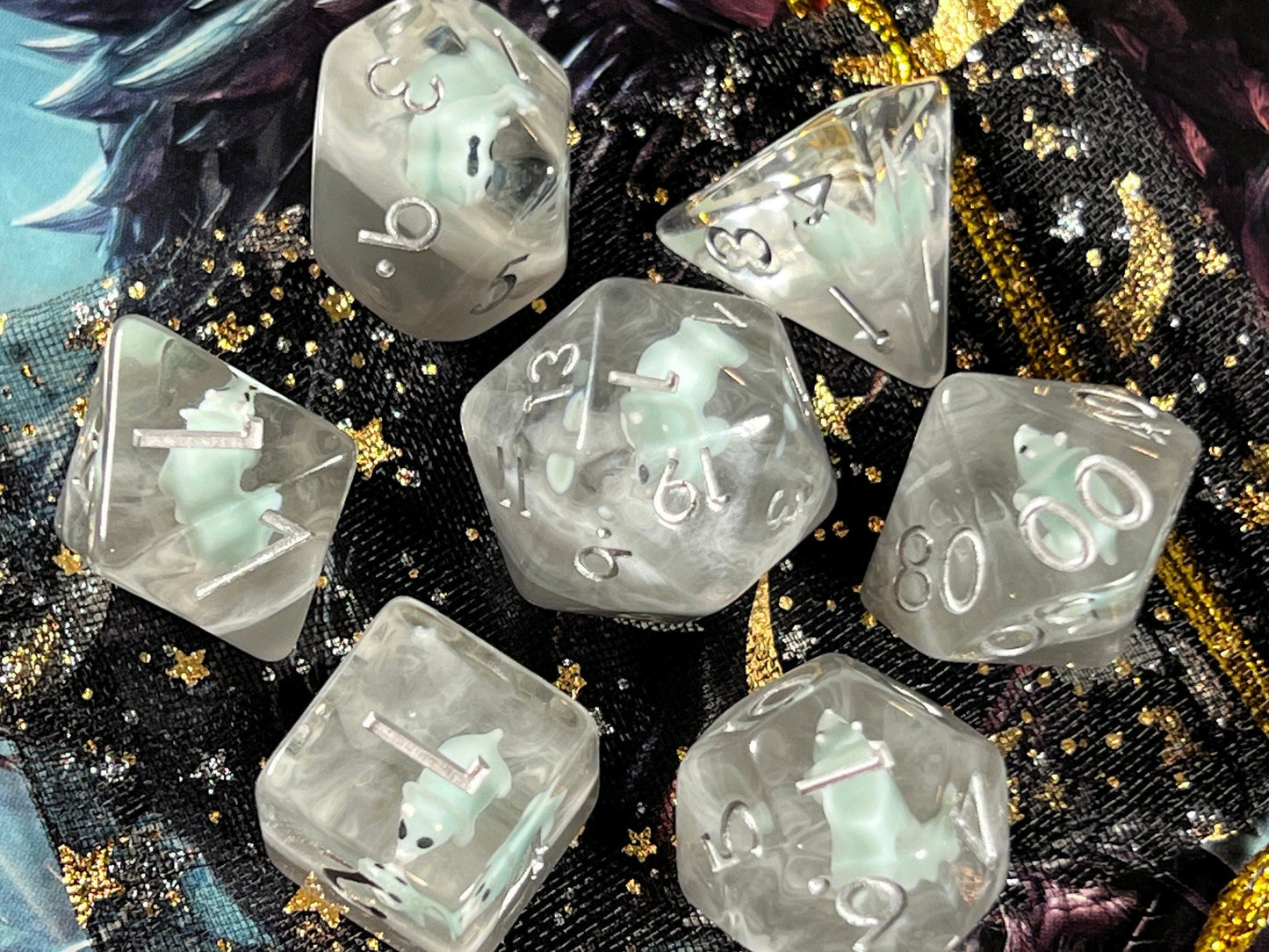 The Crooked Tavern Dice Sets Blue Grey Baby Dino RPG Polyhedral Dice Set | Cute Baby Triceratops inside!