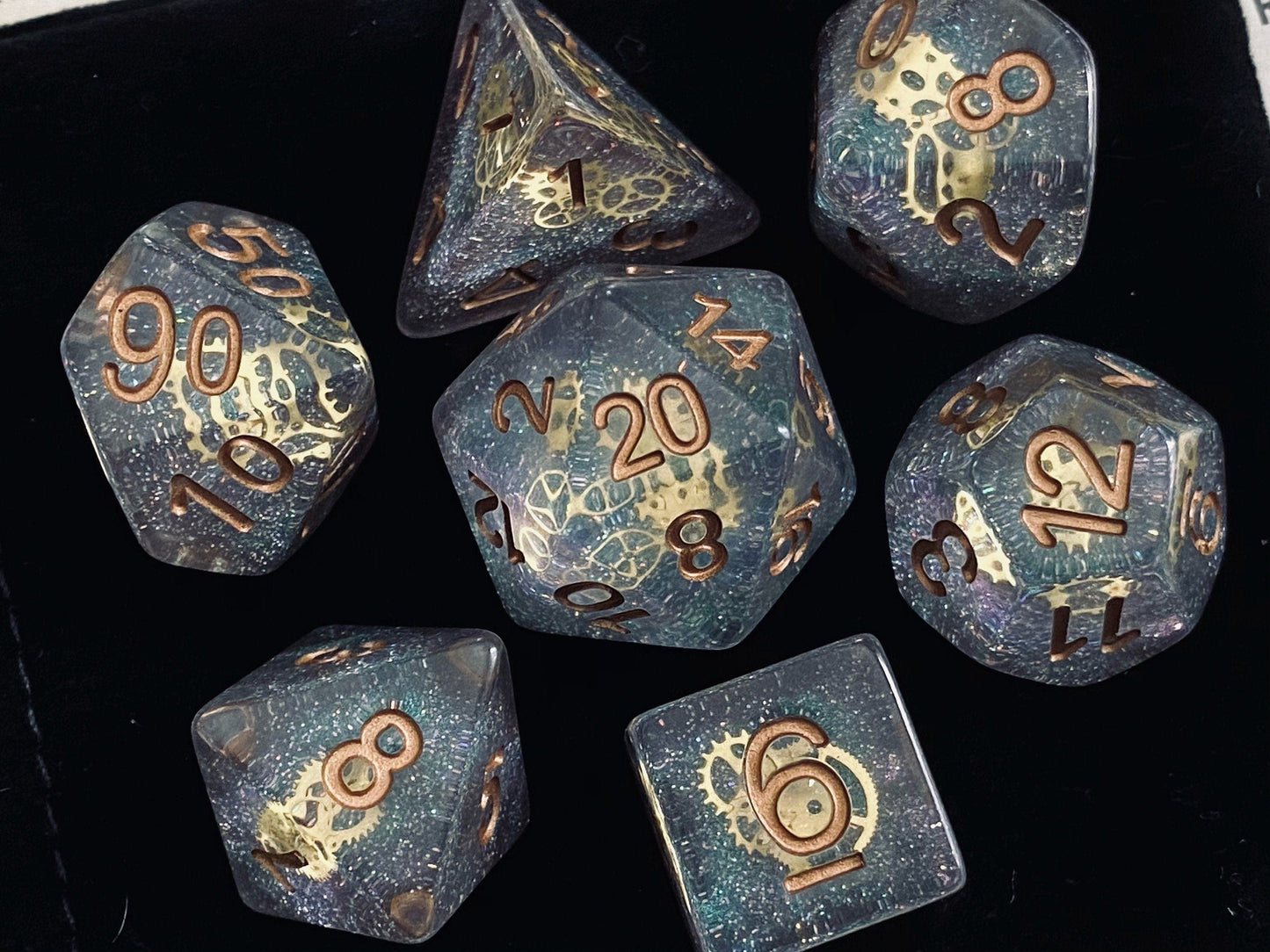 The Crooked Tavern Dice Sets Clockwork RPG Polyhedral Dice Set | Tiny Steampunk Gears and Glitter Inside!