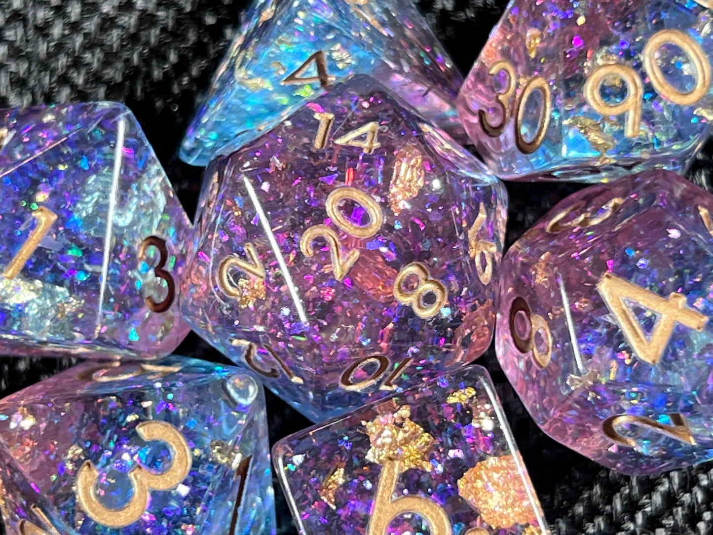 The Crooked Tavern Dice Sets Cosmic Storm RPG Dice Set | Blue and Purple Shimmering with Gold Flakes!