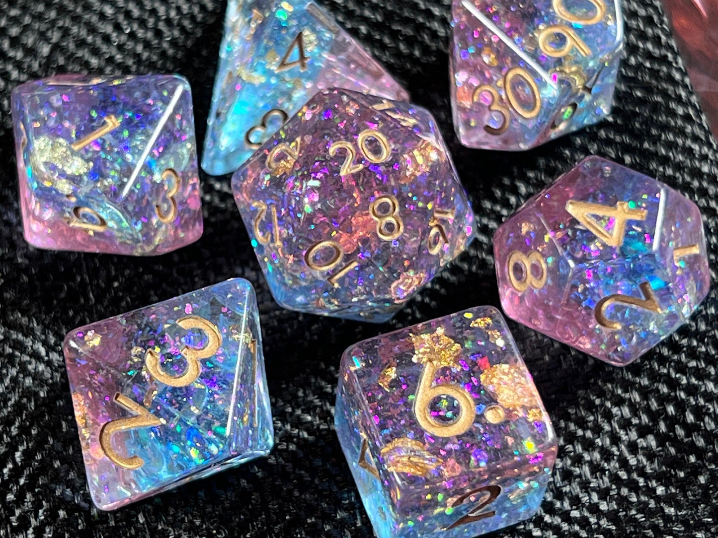The Crooked Tavern Dice Sets Cosmic Storm RPG Dice Set | Blue and Purple Shimmering with Gold Flakes!
