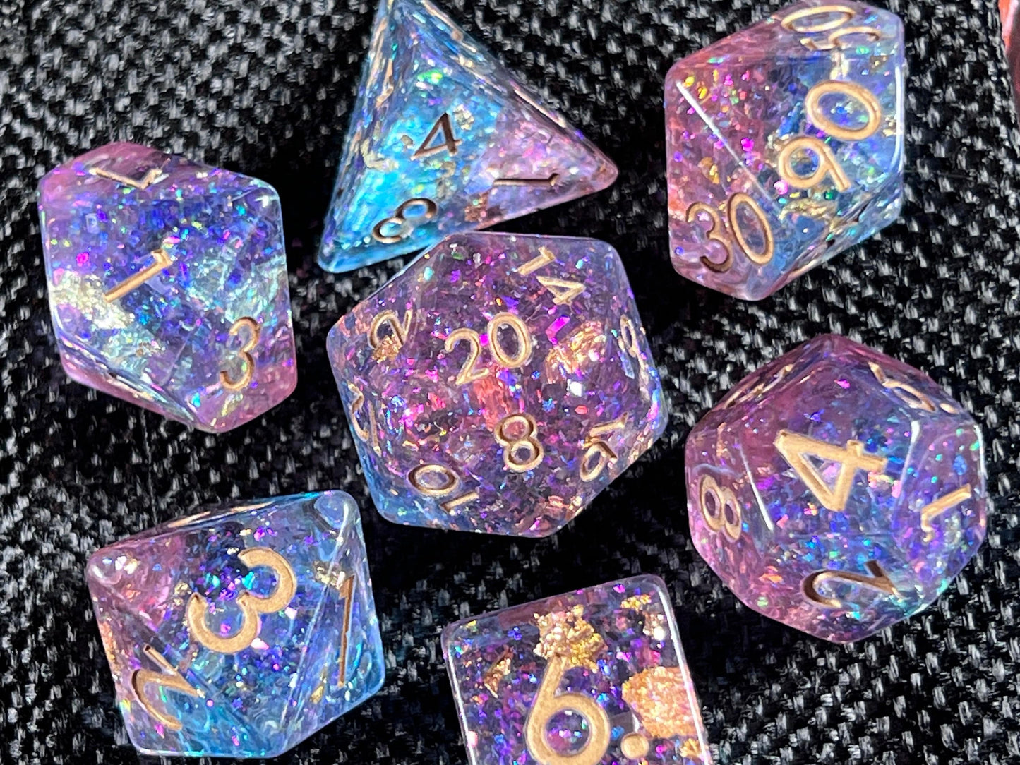The Crooked Tavern Dice Sets Cosmic Storm RPG Dice Set | Blue and Purple Shimmering with Gold Flakes!