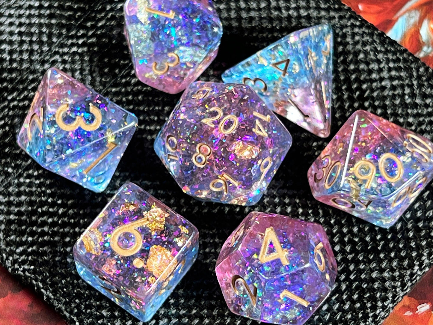 The Crooked Tavern Dice Sets Cosmic Storm RPG Dice Set | Blue and Purple Shimmering with Gold Flakes!
