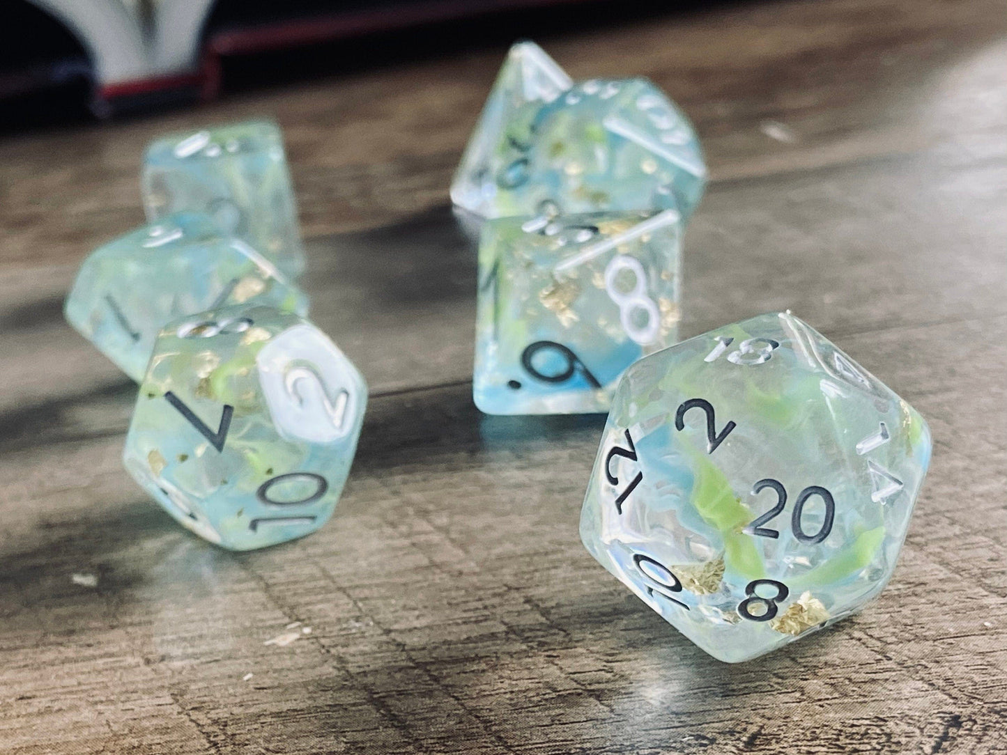 The Crooked Tavern Dice Sets Flotsam RPG Dice Set | Swirling Aqua Colors with Gold Flakes Inside!