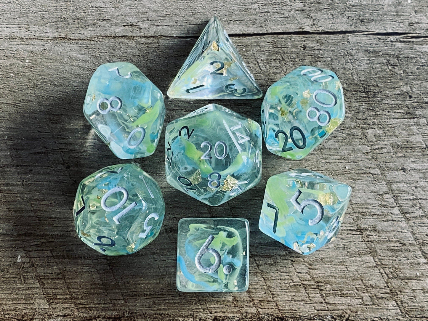 The Crooked Tavern Dice Sets Flotsam RPG Dice Set | Swirling Aqua Colors with Gold Flakes Inside!