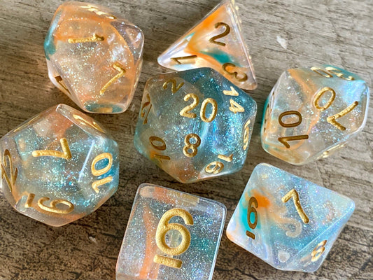 The Crooked Tavern Dice Sets Garden of Eden RPG Dice Set | Sparkle Resin with Green and Peach Swirls