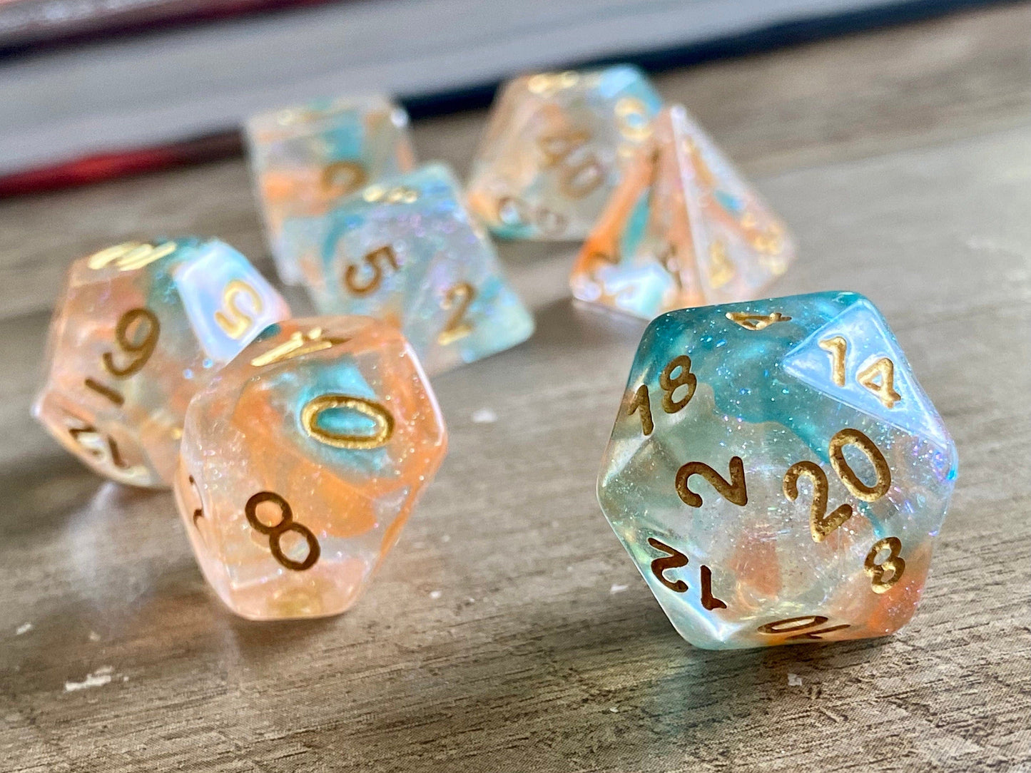 The Crooked Tavern Dice Sets Garden of Eden RPG Dice Set | Sparkle Resin with Green and Peach Swirls