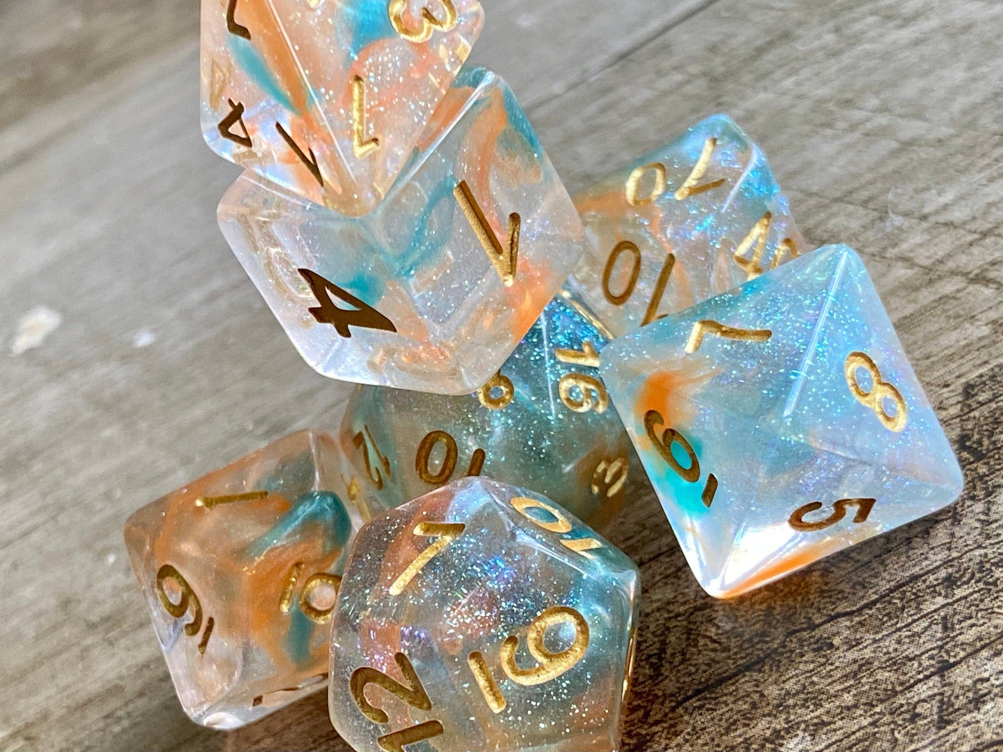 The Crooked Tavern Dice Sets Garden of Eden RPG Dice Set | Sparkle Resin with Green and Peach Swirls