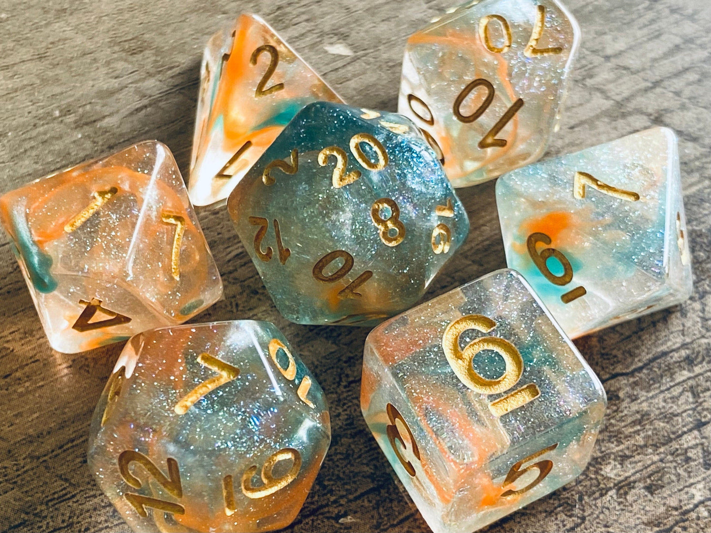 The Crooked Tavern Dice Sets Garden of Eden RPG Dice Set | Sparkle Resin with Green and Peach Swirls