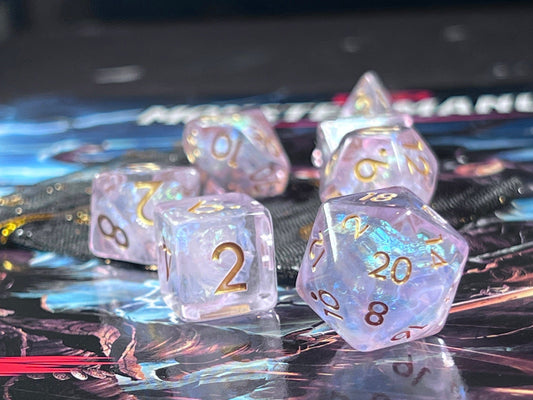 The Crooked Tavern Dice Sets Luminant Pearl RPG Dice Set | Pink Resin Swimming with Pearl Foil