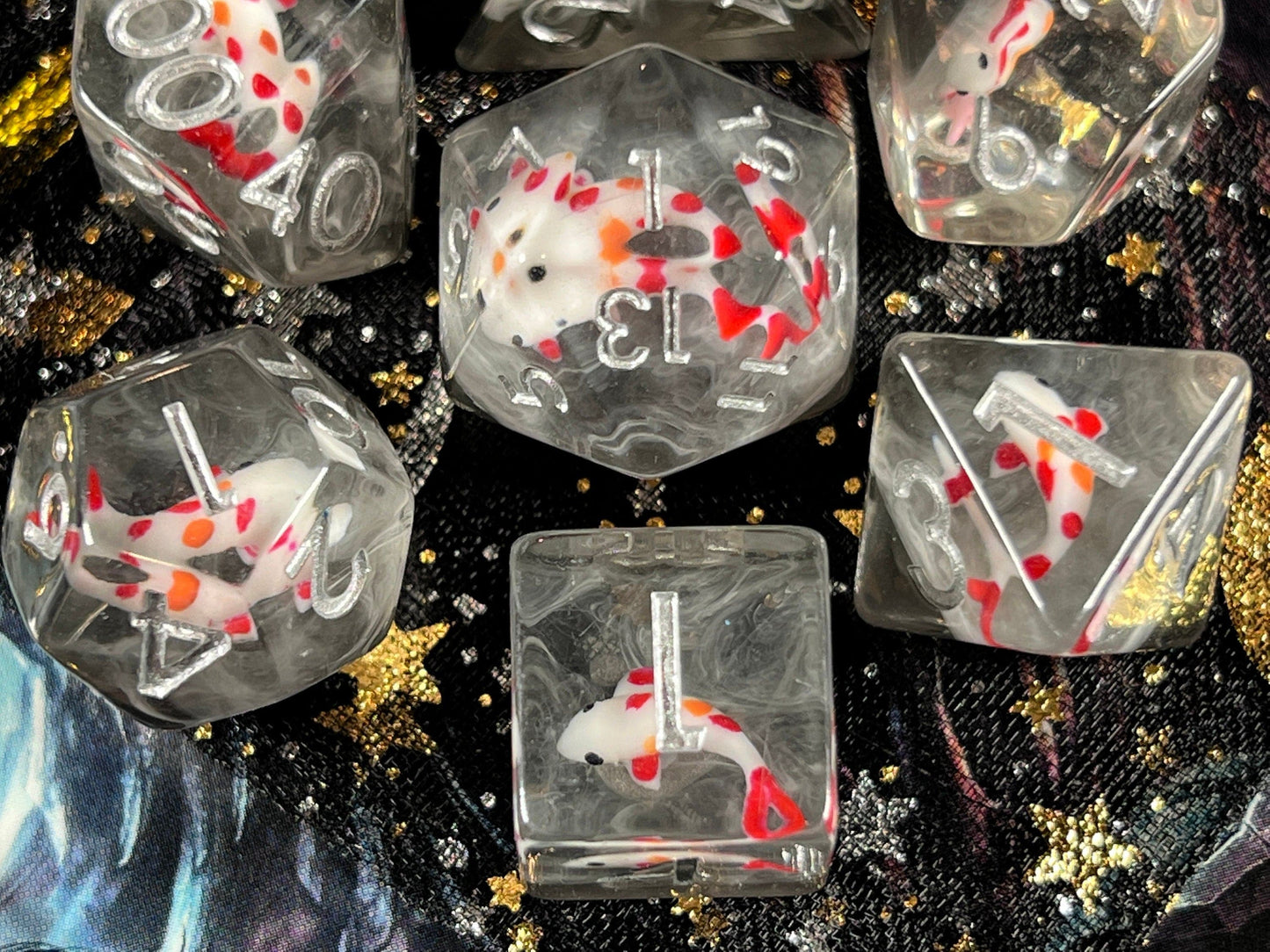 The Crooked Tavern Dice Sets Midnight Koi Fish RPG Dice Set | Red Koi Fish with Swirling Dark Resin