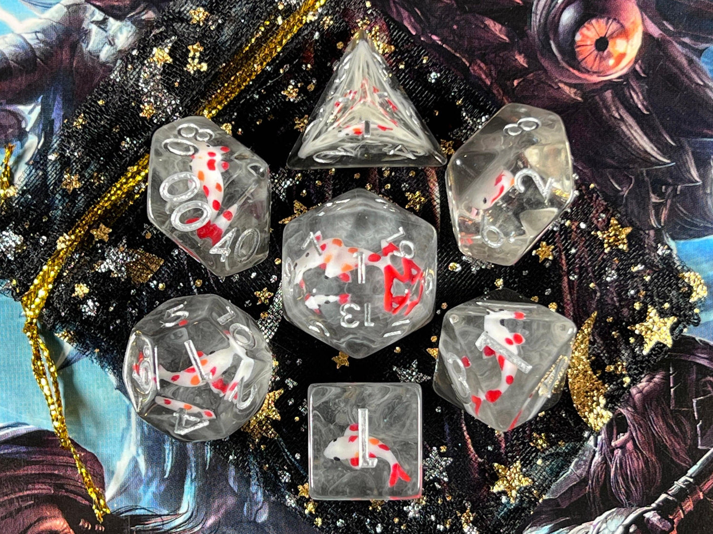 The Crooked Tavern Dice Sets Midnight Koi Fish RPG Dice Set | Red Koi Fish with Swirling Dark Resin