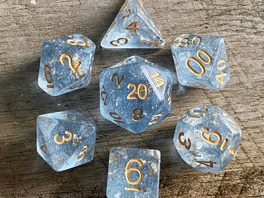 The Crooked Tavern Dice Sets Sky Treasure RPG Dice Set | Blue Sky Resin Shimmering with Faux Gold Flakes!