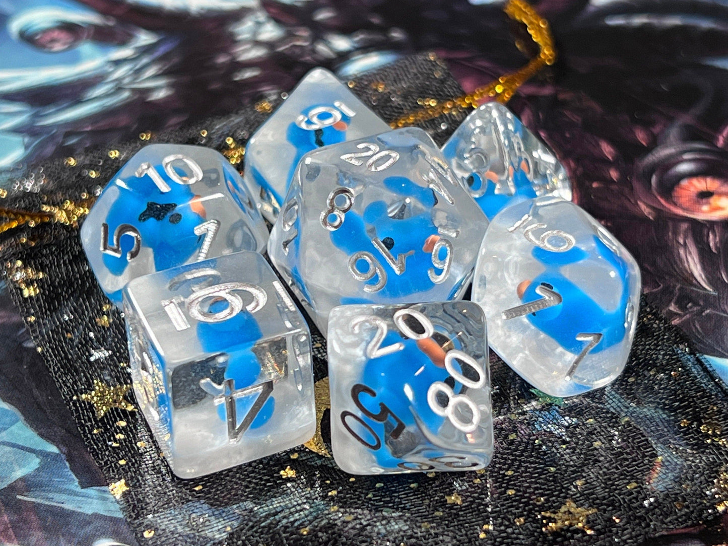 The Crooked Tavern Dice Sets Snow Ducky RPG Dice Set | Cute Blue Duck sitting on White Resin!
