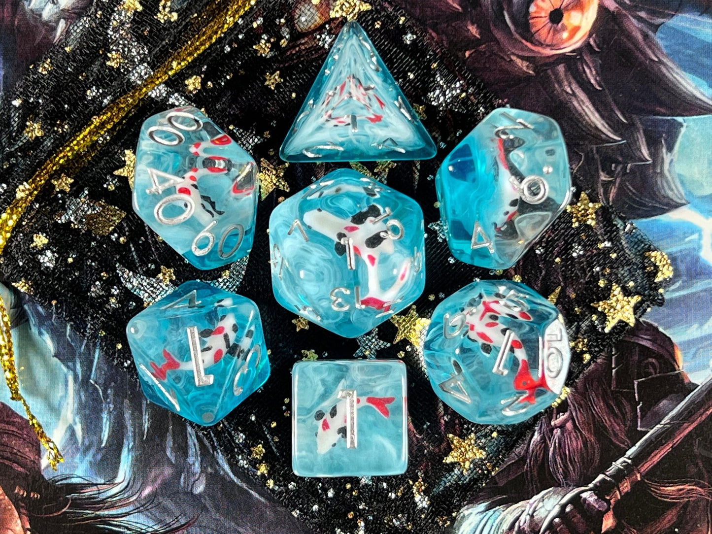 The Crooked Tavern Dice Sets Topaz Koi Fish RPG Dice Set | Red and Black Koi Fish with Swirling Blue Resin