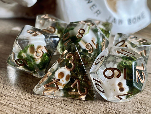The Crooked Tavern Dice Sets Undead Skull RPG Dice Set | Skulls and Real Moss Inside!