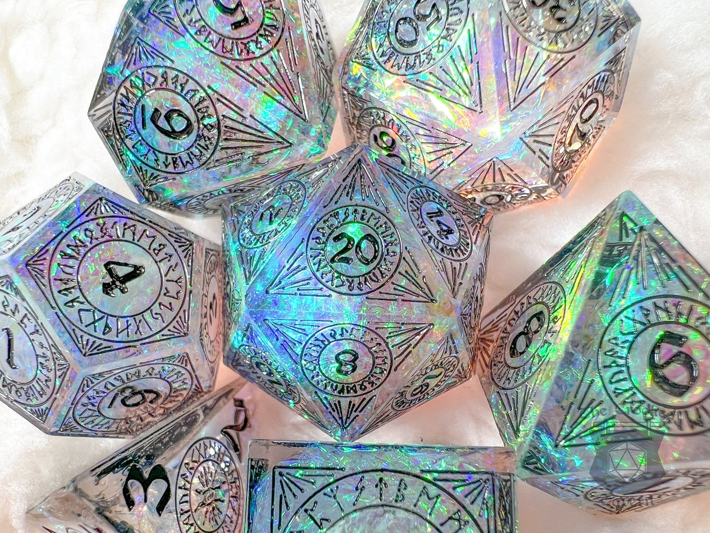 The Crooked Tavern Handmade Dice Sets Rune Light RPG Dice Set | Handmade Sharp Edge, Square Edge Dice!