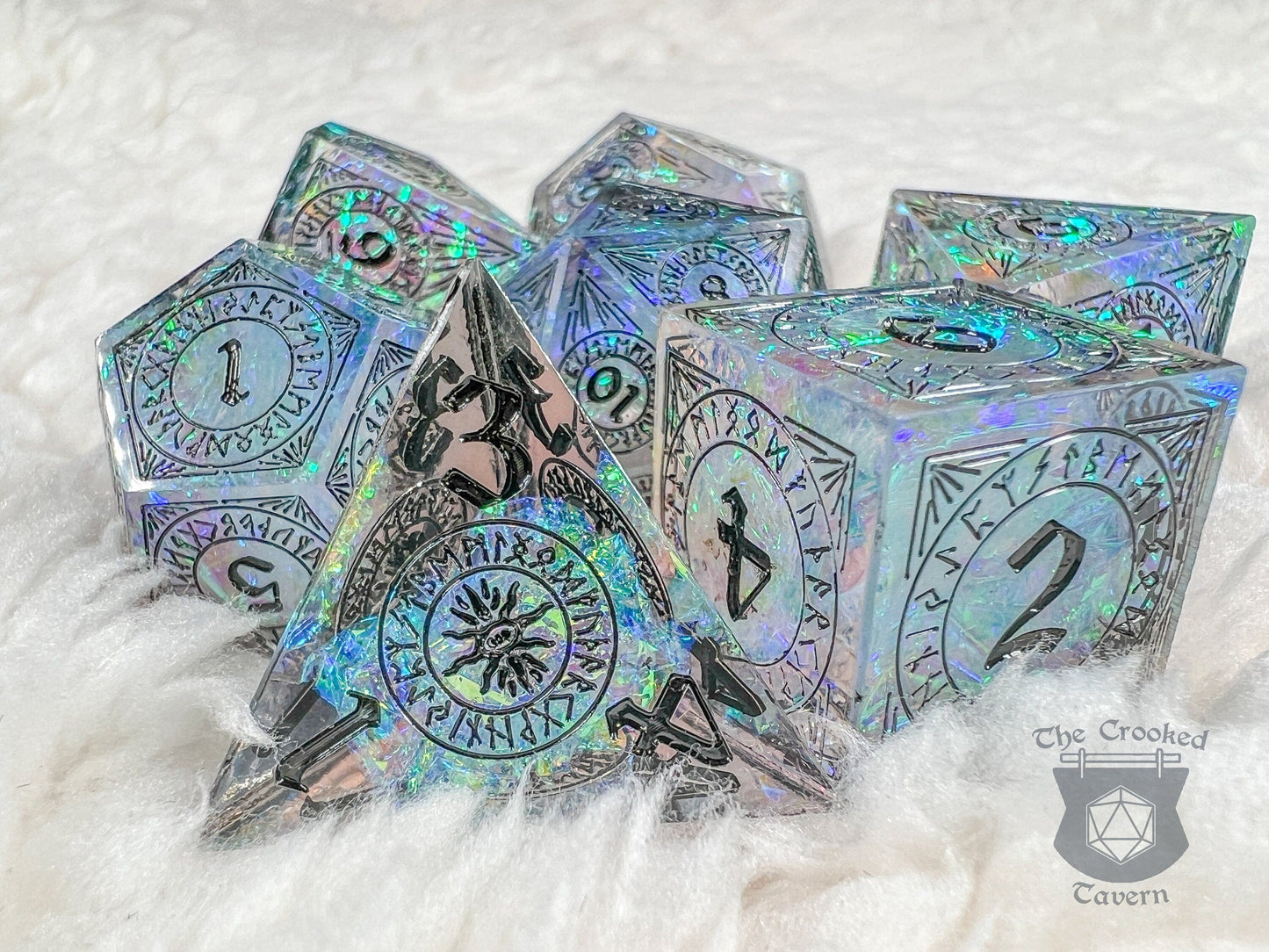 The Crooked Tavern Handmade Dice Sets Rune Light RPG Dice Set | Handmade Sharp Edge, Square Edge Dice!