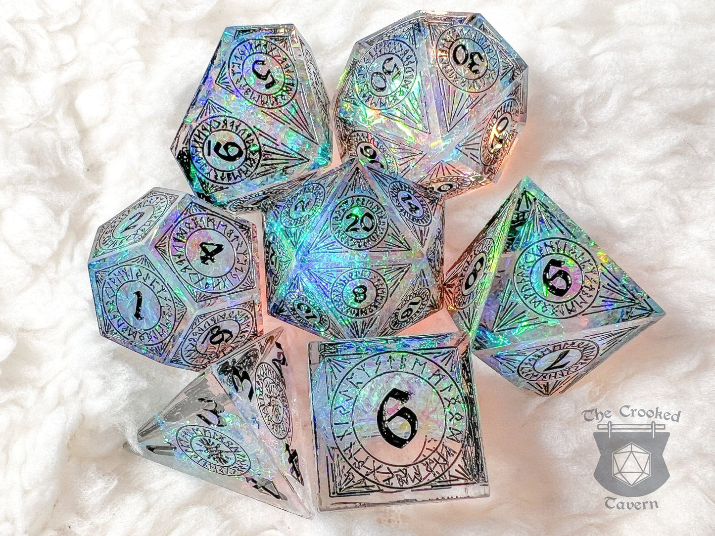 The Crooked Tavern Handmade Dice Sets Rune Light RPG Dice Set | Handmade Sharp Edge, Square Edge Dice!