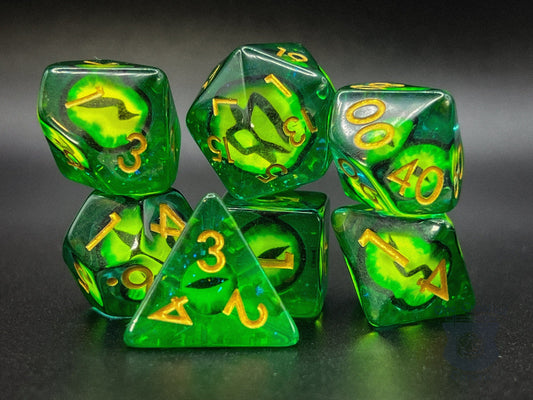 The Crooked Tavern Dice Sets Bag of Eyes RPG Dice Set | Green Eyes and Gold Numbers