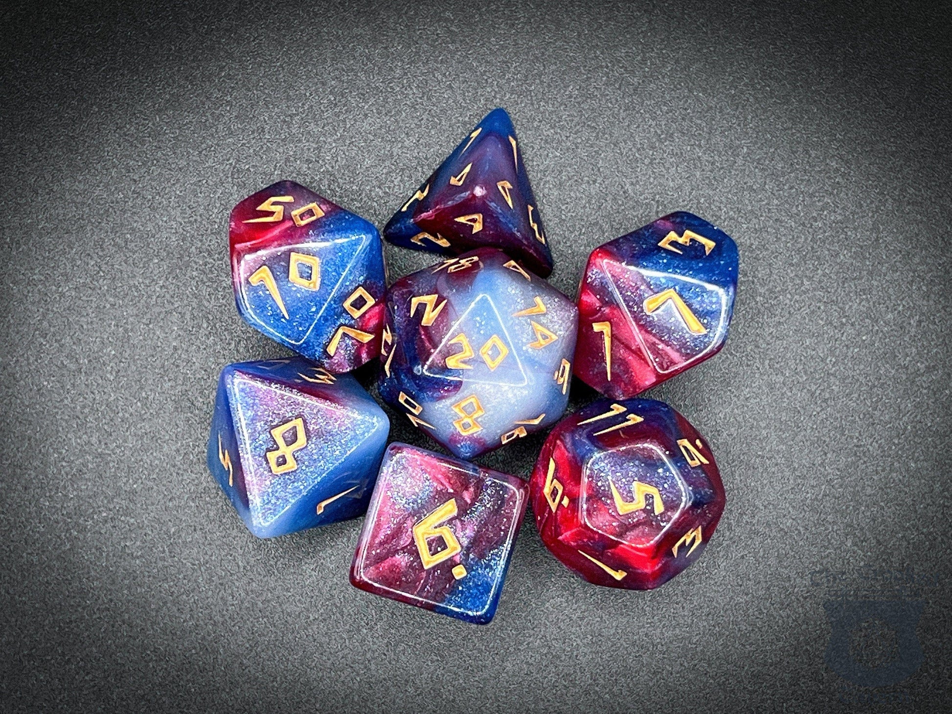 The Crooked Tavern Dice Sets Cosmic Runes RPG Dice Set | Red, White, Blue with Runic Font