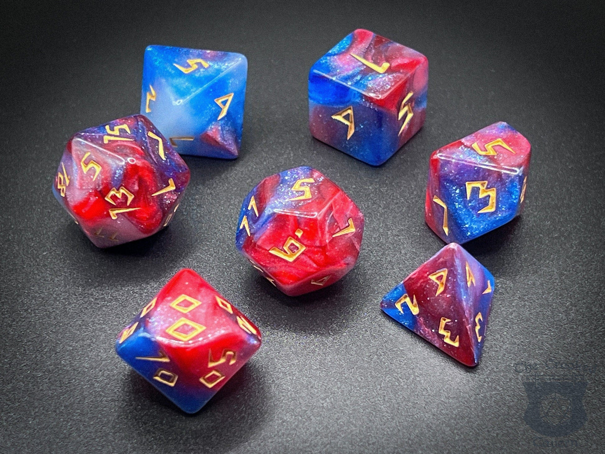 The Crooked Tavern Dice Sets Cosmic Runes RPG Dice Set | Red, White, Blue with Runic Font