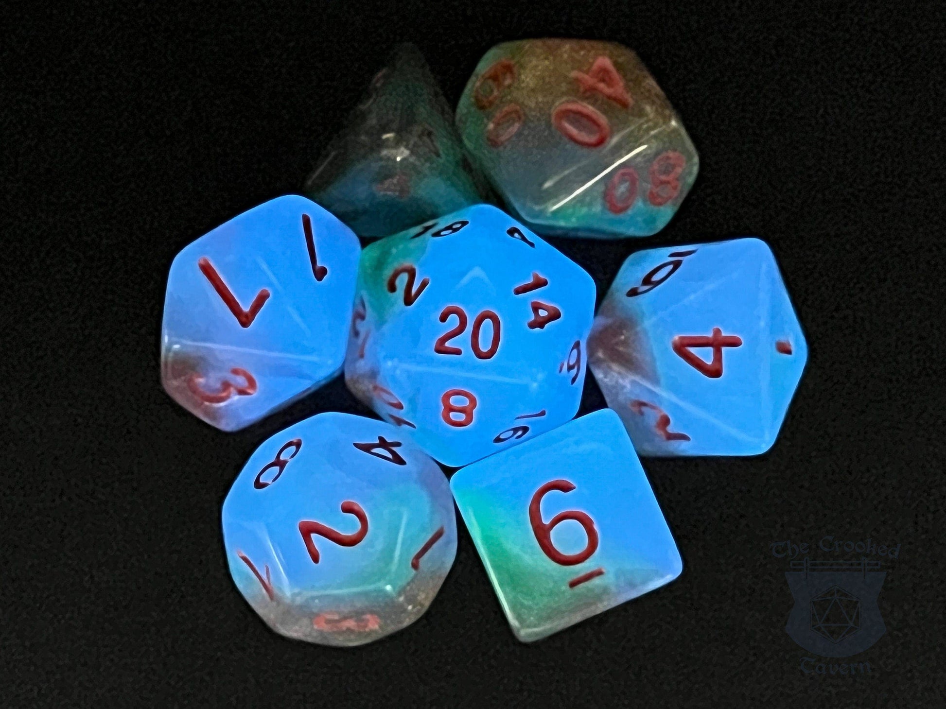 The Crooked Tavern Dice Sets Glow in the Dark RPG Dice Set | Blue Green Polyhedral RPG Dice