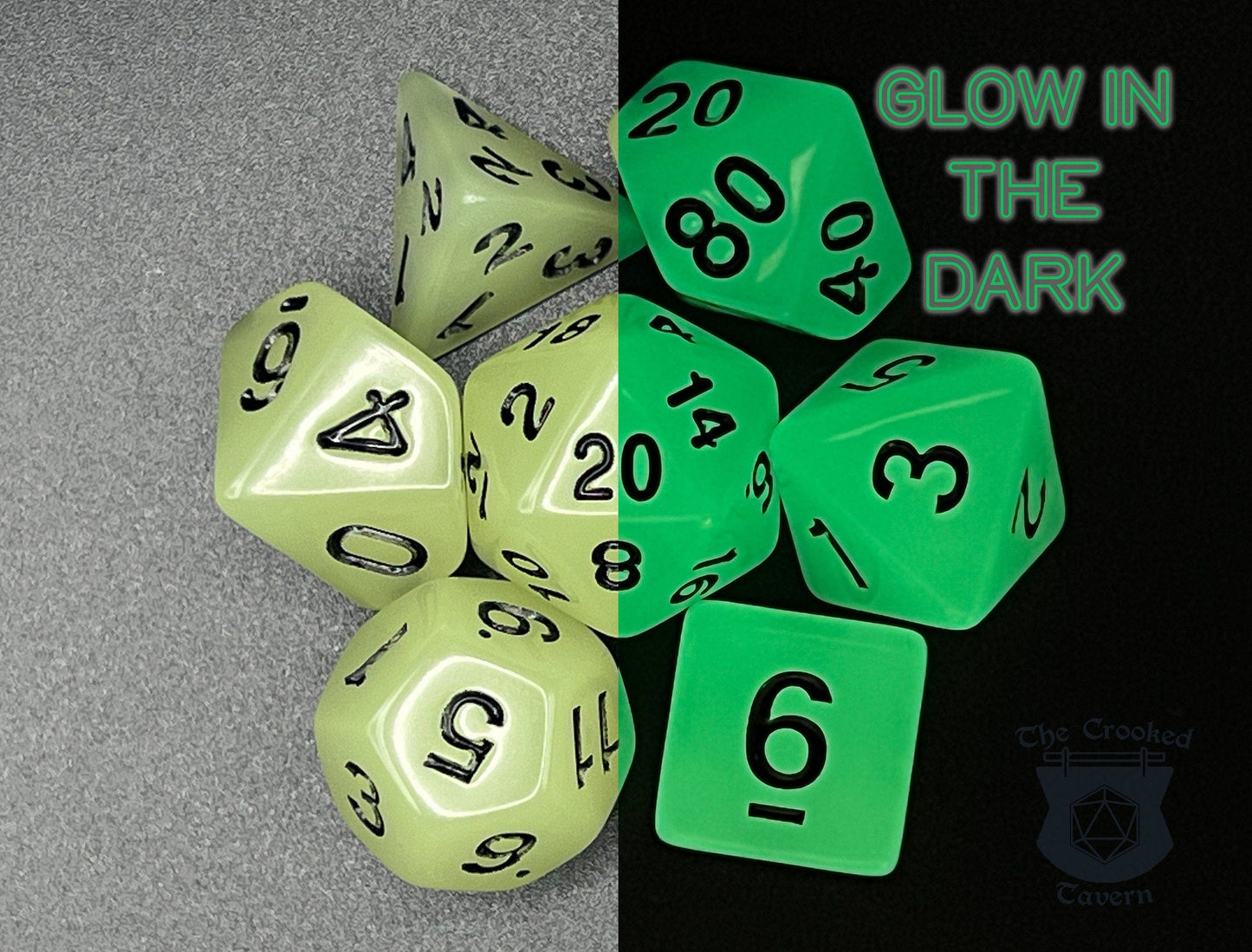 The Crooked Tavern Dice Sets Glow in the Dark RPG Dice Set | Polyhedral RPG Dice