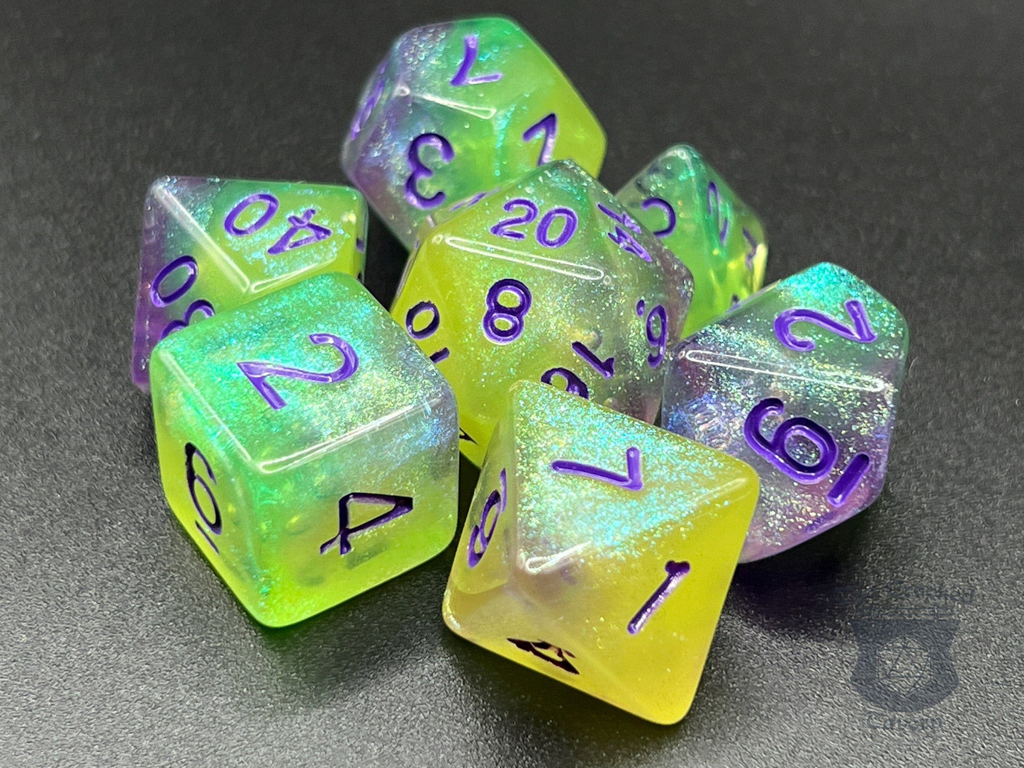 The Crooked Tavern Dice Sets Glow in the Dark RPG Dice Set | Purple/Green Polyhedral RPG Dice