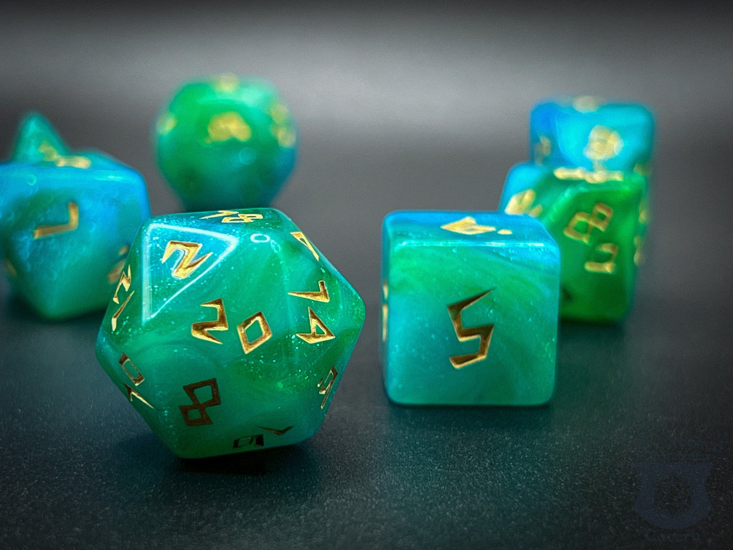 The Crooked Tavern Dice Sets Jade Runes RPG Dice Set | Plastic Blue, Green with Runic Font
