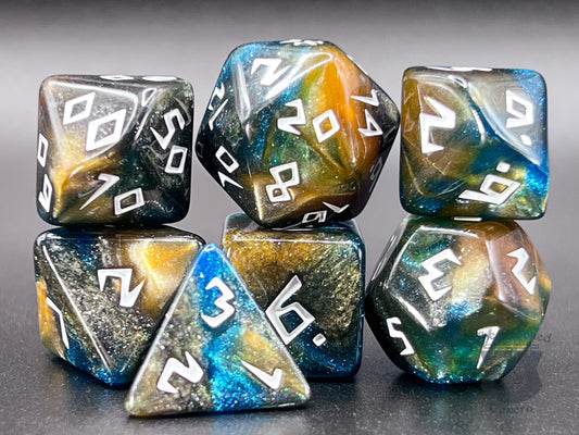 The Crooked Tavern Night Runes DnD Dice Set | Dungeons and Dragons | Blue, Black, Yellow with Runic Font