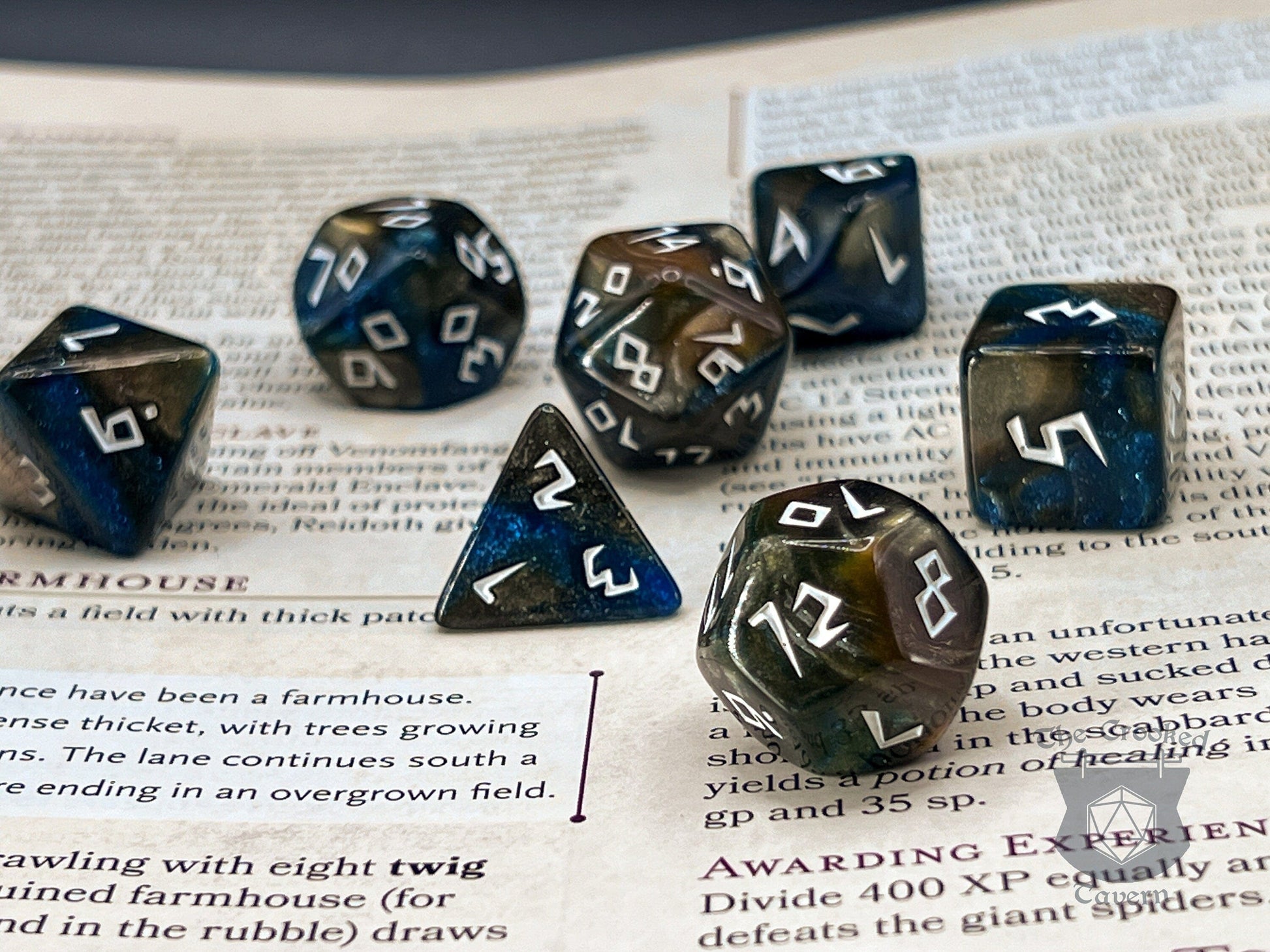 The Crooked Tavern Dice Sets Night Runes RPG Dice Set | Blue, Black, Yellow with Runic Font